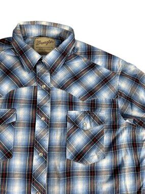 Wrangler Western Blue Red Plaid Pearl Snap Shirt Men's XL Short Sleeve Cowboy